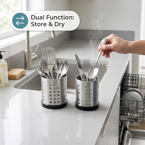 Set of 4 Kitchen Utensil Holder, Stainless Steel Cooking Utensil Organizer Flatware Silverware Holder Drying Rack Cylinder Kitchen Countertop Caddy for Chopstick, Spoon, Fork, Cultery, Straw - view 5