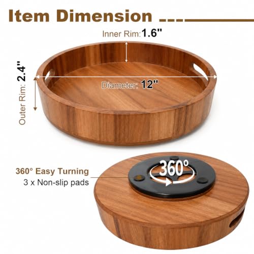 Wooden Lazy Susan – 12 in Acacia Wood Turntable Organizer for Cabinet，Multi-Purpose Home Decor Rotating Tray for Bathroom Accessories, Bedroom Makeup Organizer & Countertop Storage - view 2