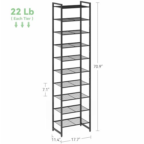 Narrow Shoe Rack, 10-Tier Metal Shoe Organizer,Tall Shoe Shelf with Anti-Tip Strap, Max Holds 22 Pairs,Space Saving for Closet,Entryway,Black - view 2