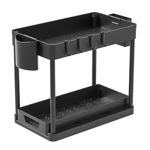 Under Sink Organizer Bathroom Cabinet Storage 2 Tier Rack with 4 Hooks, Baskets, Multi-purpose Shelf for Kitchen, Black Bottom Slide, (1cl-1pc)