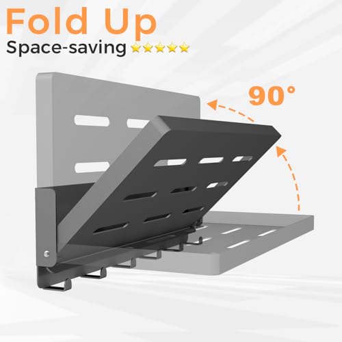 Small Folding Metal Shelf with Hooks, Fold-up Wall Shelf, 6 Hooks, Drop Down Floating Shelf for Laundry Room, Kitchen, RV, Toilet Room, Garage, Utility, Black（11.8", 1 Pack） - view 5
