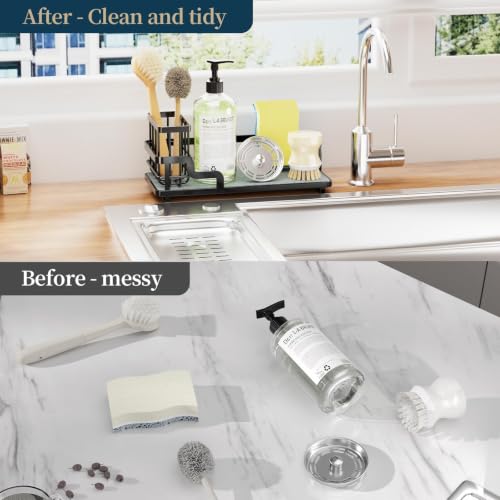 Sponge Holder for Kitchen Sink - Sink Caddy Organizer with Water Absorbing Stone Tray, Detachable Brush Holder, Stainless Steel Kitchen Counter Organizer Rack, Black - view 4