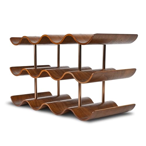 Countertop Wine Rack - 12 Bottle Freestanding Wine Bottle Holder Stand - 3 Tier Wooden Wine Storage Rack - Walnut Wavy Wine Organizer for Cabinet Pantry Home Kitchen Bar