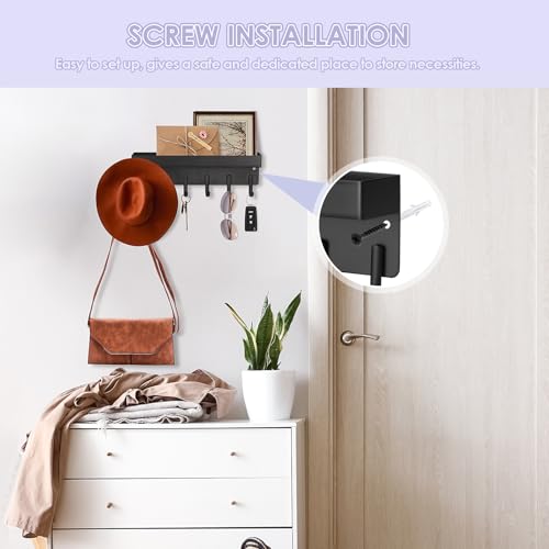 Key Holder Wall Mount, Adhesive Key Rack with Tray, 6 Hooks, Black - view 3
