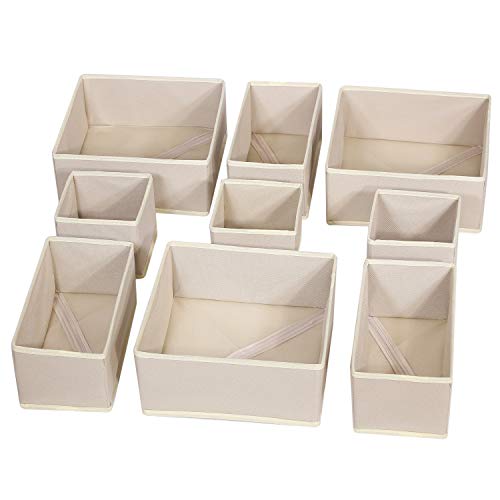 9 Pack Foldable Cloth Storage Box Closet Dresser Drawer Organizer Fabric Baskets Bins Containers Divider for Baby Clothes Underwear Bras Socks Lingerie Clothing,Beige 333