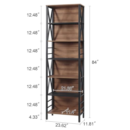 Tall Bookshelf, 7-Tier Book Shelf, Rustic Wood Metal Bookshelves and Bookcases, Freestanding and Industrial Open Bookcase for Home Office, Living Room and Bedroom, Vintage Brown - view 2