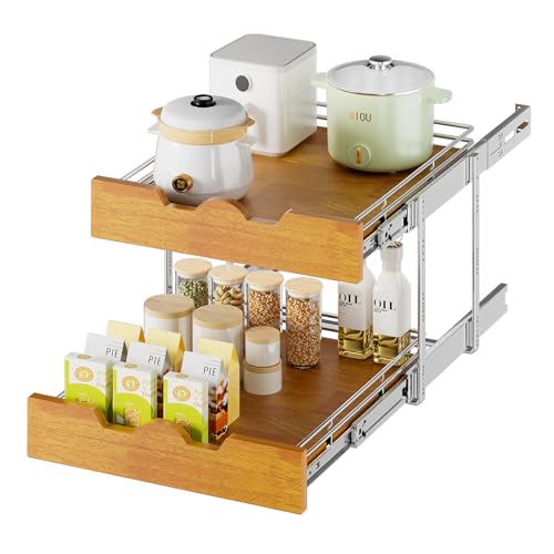 2 Tier Pull Out Cabinet Organizer (17" W x 21" D) Slide Out Wood Shelf Double Tier Kitchen Wire Basket With Chrome Finish…