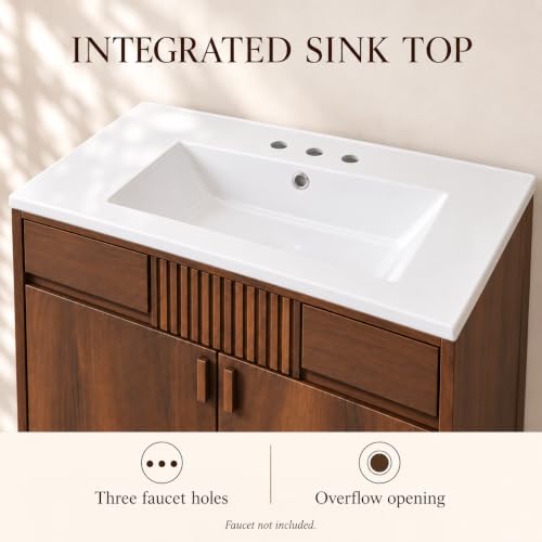 36 Inch Bathroom Vanity with Sink, Mid Century Walnut Freestanding Vanity Cabinet with Ceramic Sink Top, Solid Wood Legs, Vertical Slatted Accent, Soft Close Doors and Storage - view 5
