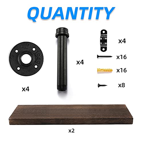 Wall Mounted Floating Shelves, Floating Shelves with Industrial Pipe Brackets Set of 2 Rustic Wood Storage Shelf for Bedroom Living Room Bathroom Kitchen Office and More (2, Brown) - view 3