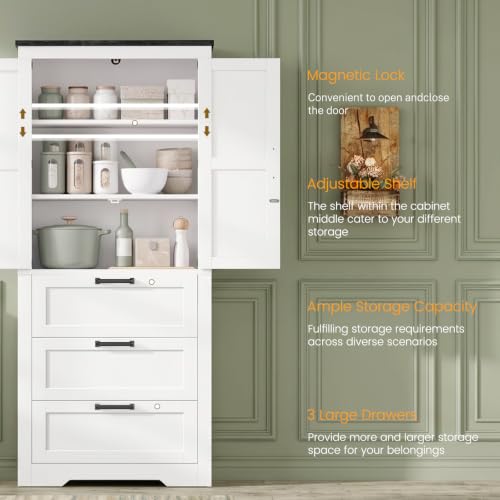 Storage Cabinet, Pantry Cabinet with 1 Adjustable Shelve & 3 Drawers, Kitchen Pantry Cabinet with 2 Doors, Bathroom Storage Cabinets, Tall Cabinet for Living Room, White - view 6