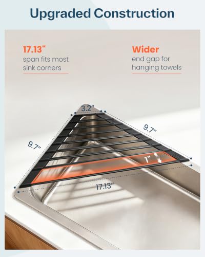 Corner Sink Caddy, Sponge Holder for Kitchen Sink Organizer - Silicone Wrapped Steel Anti Slip Rust Triangle Over the Sink Roll-UP Dish Drying Rack for Sink Corner Kitchen Sink Accessories - view 6