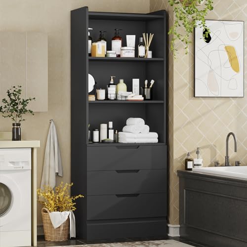 Bookcase with 3 Drawers and Shelves 73.23'' Tall Bookshelf with Storage Modern Wood Closet Drawers System,Closet Organizer Unit Freestanding Tall Storage Cabinet for Home Office,Bathroom,Black - view 6