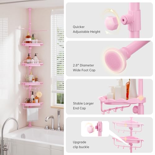 Corner Shower Caddy, 4 Tier Adjustable Tension Rod Shower Caddy, Pink - view 4