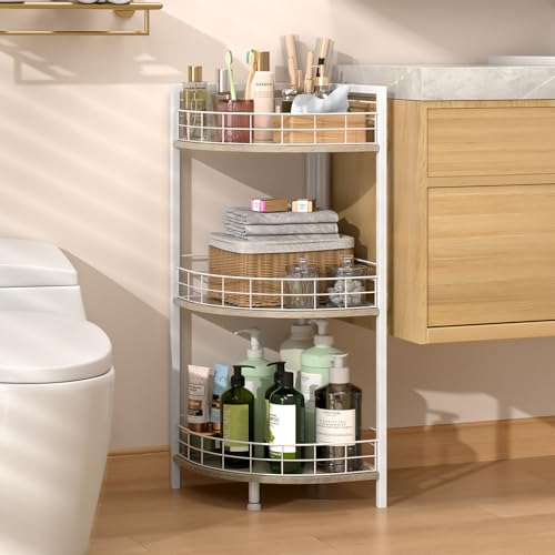 Bathroom Standing Shelf, 3 Tier Free-Standing Shelf Units, Open Floor Shelves, Triangular Curved Corner Shelf Stand for Small Space, Ideal for Bathroom,Kitchen,Vanity Storage and Organizer