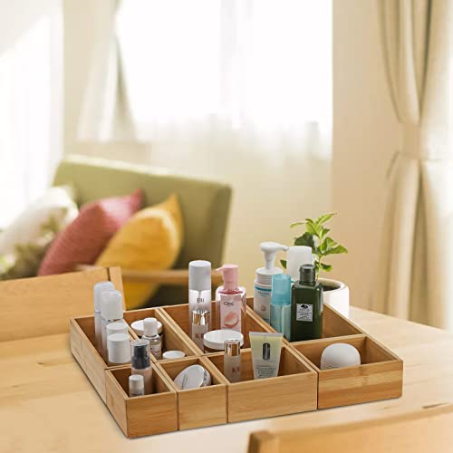 8 Pieces Bamboo Drawer Organizer Boxes, Stackable Drawer Organizer Storage Tray 4-Size, Versatile Dividers Cutlery Holders Bins Containers for Kitchen, Bathroom, Office Desk, Makeup, Jewelry - view 6