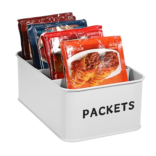 Seasoning Packet Organizer, Food Storage Organizer with Divided 4 Compartments, Metal Storage Caddy for Kitchen Pantry Cabinet, Kitchen Organization Bin for Snacks Spice Packets, White