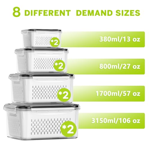 8 Pack Fruit Storage Containers for Fridge, Produce Containers for Fridge with Colander, Leakproof Fridge Organizers and Storage for Berry Vegetable Salad Lettuce Meat Food - view 3