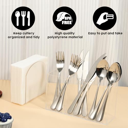 Cutlery Storage Organizer and Napkin Holder Kit, Acrylic Cutlery Utensil Holder Tissue Paper Holder for Kitchen Countertop Organization Hold Fork Knife Spoon Silverware Tableware Storage Box - view 4