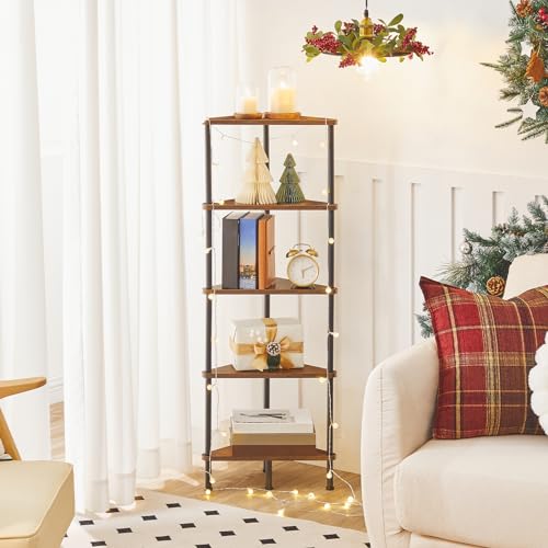 Corner Shelf Stand, Industrial 5-Tier Corner Bookshelf with Metal Frame, Plant Display Shelf, Small Bookcase for Small Spaces, Bedroom, Living Room, Rustic Brown BF33CJ01 - view 2