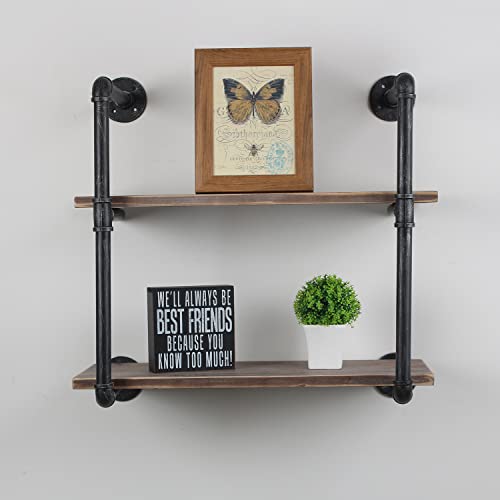 Industrial Pipe Shelving Wall Mounted,24in Rustic Metal Floating Shelves,Steampunk Real Wood Book Shelves,Wall Shelf Unit Bookshelf Hanging Wall Shelves,Farmhouse Kitchen Bar Shelving(2 Tier) - view 5