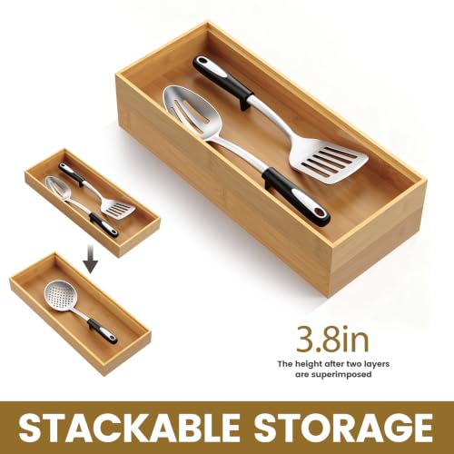 Bamboo Drawer Organizer, Stackable Utensil Trays for Kitchen, Wood Silverware Organizer for Drawer, Set of 2-15"x6"x2" - view 2