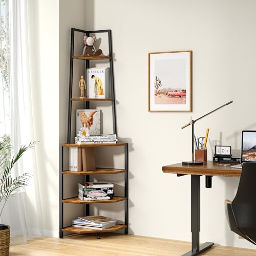 6 Tier Corner Shelf 69 Inch Industrial Bookshelf with Metal Frame, Multipurpose Tall Plant Stand with Opening Display Shelves for Living Room, Bedroom, Home Office, Small Space, Brown - view 3
