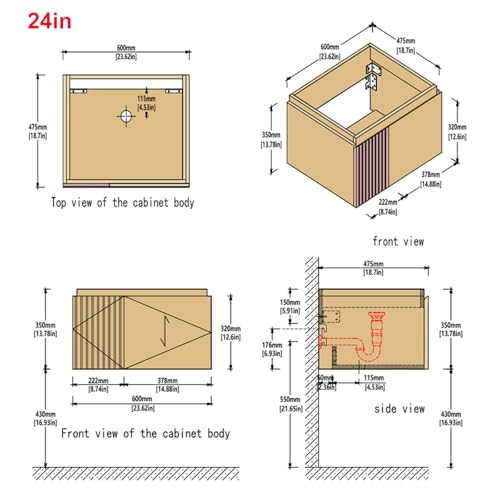 24" Floating Bathroom Vanity with Sink, Plywood Frame, Light Oak - view 7