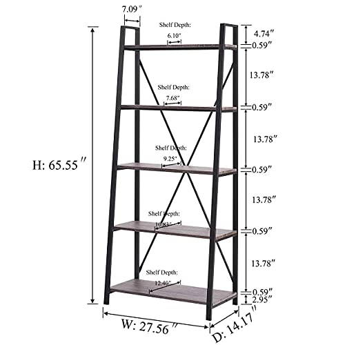 5 Tier Ladder Shelf, Leaning Bookshelf, Wood Metal Storage Shelf - view 3