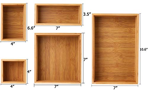 Set of 5 Bamboo Drawer Organizer Boxes, Desk Storage Box Kit, Drawer Storage Containers Tray Bins for Office, Kitchen, Bedroom, Children Room, Craft, Sewing - view 2