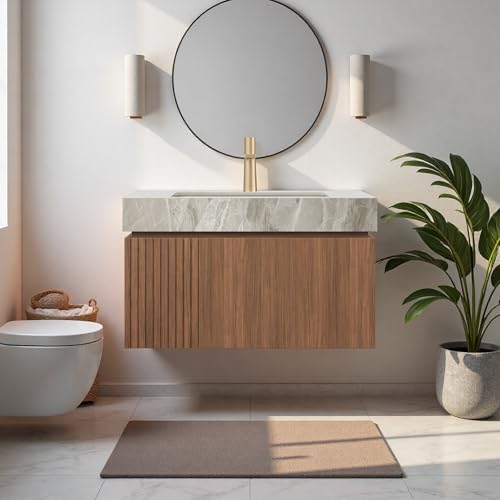 30" Bathroom Vanity with Sink, Wall-Mounted Plywood Bathroom Storage Cabinet with Ceramic Basin & Sintered Stone Countertop, Modern Pre-Assembled Floating Vanity with Drawer & Door, Brown Oak - view 5