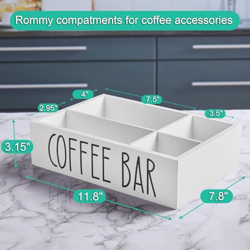 White Coffee Station Organizer with Removable Dividers – Wooden Coffee Bar Countertop Organizer for Pods, Stirrers, Sugar Packets & Lids, Kitchen, Office, Café Use - view 5