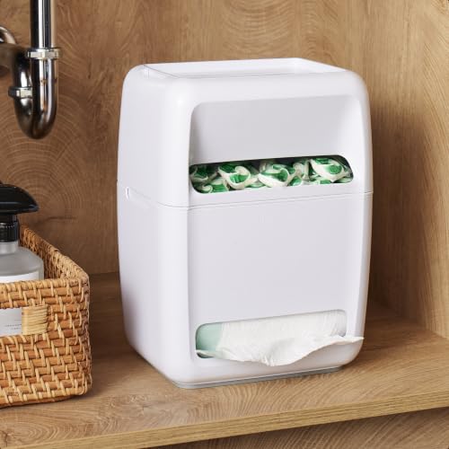 SinkSuite Bag & Pod Dispenser, Standing Garbage Bag and Dishwasher Pod Organizer with Removable Lids for Storage, Speckled White