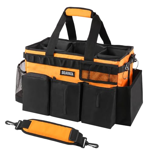 Wearable Cleaning Caddy Bag, Cleaning Caddy Supplies Organizer with Handle & Shoulder Straps for Housekeepers, Under Sink & Car Cleaning Tool Organizers with 4 Foldable Divider (Orange)