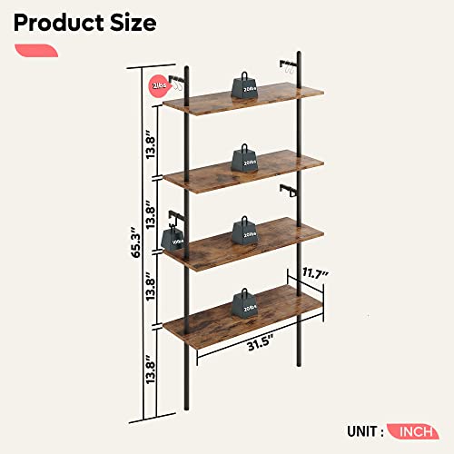 65" Industrial Wall-Mounted Ladder Shelf 4 Tier Bookshelf with Storage Organizer Plant Flower Display Stand Round Tube Bookcase Rack with 2 Hooks for Home Office,Large,Rustic Brown - view 2