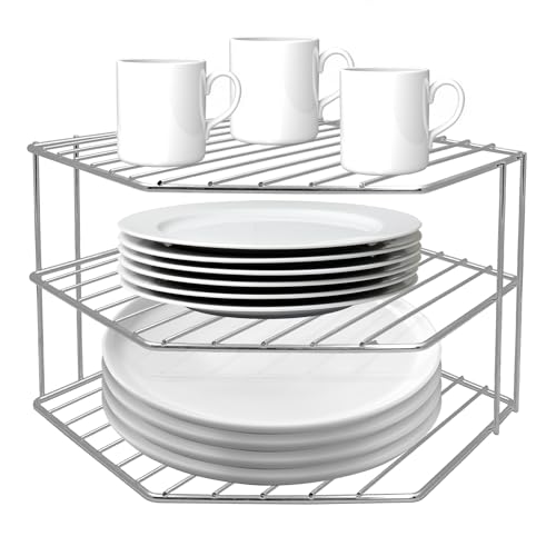 3-Tier Corner Shelf Counter and Cabinet Organizer - Steel Metal Wire - Rust Resistant - Plates, Dishes, Cabinet & Pantry Organizer - Kitchen Organization (10 x 7.5 Inch) (Chrome)