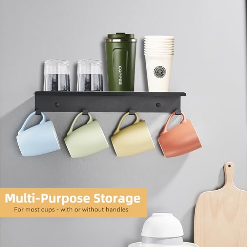 Mug Holder Wall Mounted, Set of 2 Tea Cup Rack, Floating Shelf with 4 Hooks for Coffee Bar Accessories, Kitchen Office Home Storage Decor Display Collection Organizer, Metal Hanging Hanger - view 5