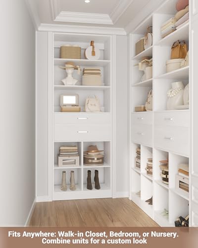 22" Closet System with Drawers, Small Closet Organizer for Walk in Closet, Wardrobe Storage Unit with Storage and Shelves, White - view 7