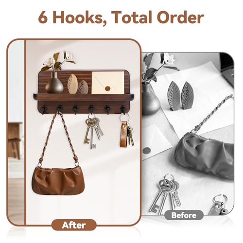 Key Holder for Wall, Mail Organizer Wall Mount with 6 Hooks Wooden Hanging Key Rack for Home Decor, Hallway, Entryway (Brown) - view 3