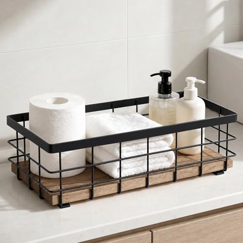 Small Metal Wire Basket, Decorative Wood Base Organizer for Bathroom, Kitchen, Basket for Toilet Paper Storage, Sugar Packet, Coffee Syrup, Guest Towel, Napkin