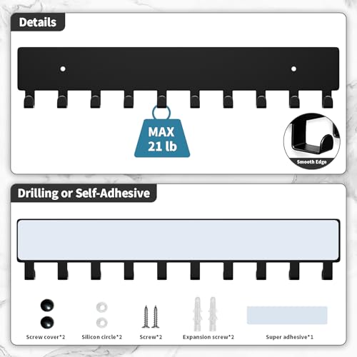 Key Holder for Wall, Key Hooks with 10 Hooks, Wall Mounted Key Holder for Hallway, Self Adhesive Key Rack(Black) - view 3