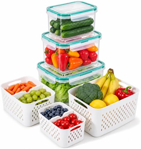 Thicker Produce Fruit Storage Containers for Fridge with Colander &Dividers
