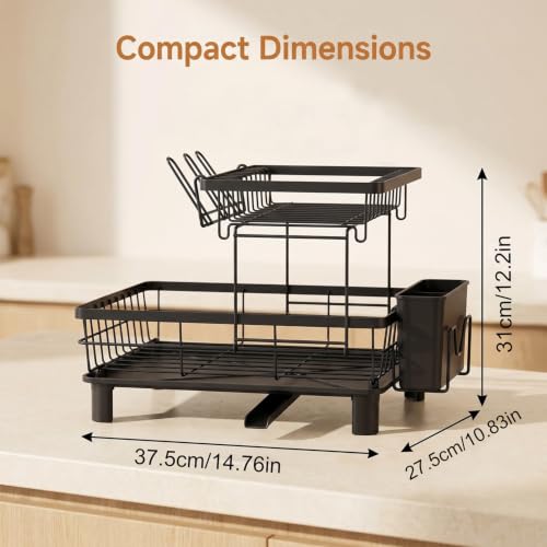 Space Saving 2 Tier Dish Drying Rack for Small Counter,Compact Kitchen Organizer with Drain Tray,Foldable Plate Rack and Cup Holder(Black) - view 5