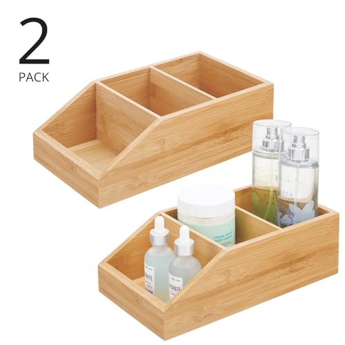 Bamboo Wood Compact Bathroom Storage Organizer Bin Box - 3 Divided Sections - Cabinets, Shelves, Countertops, Bedroom, Kitchen, Laundry Room, Closet, Garage, 2 Pack - Natural - view 2