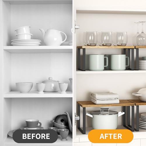 Kitchen Cabinet Organizer Shelf Set of 4, Sturdy Kitchen Counter Shelves with Metal Legs, Stackable Expandable Wood Spice Rack Pantry Cupboard Dish Mug Cup Storage Organizer Shelf, Rustic Brown - view 3