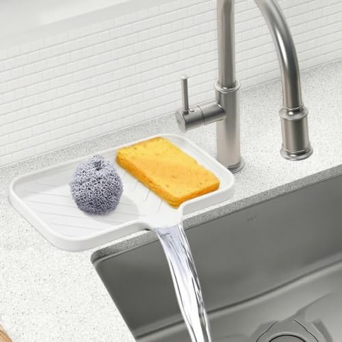 Kitchen Soap Tray, Silicone Bathroom Soap Dishes, Sponge Holder for Kitchen Sink for Bathroom Counter Sink Caddy Organizer for Dish Soap Bottle, Soap Dispenser, White