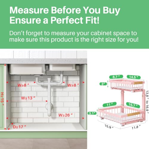 Under Sink Organizer, 2 Tier Under the Sink Storage, Slide out Pull out Cabinet Organizer Shelf, Metal Sliding Drawer for Kitchen Bathroom Pantry Closet Organization Rack, Pink, 2 Pack - view 2