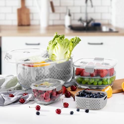 Fresh Produce Vegetable Fruit Storage Containers 3Piece Set, BPA-free Fridge Storage Container, Partitioned Salad Container, Fridge Organizers, Used in Storing Fruits Vegetables, Gray - view 6
