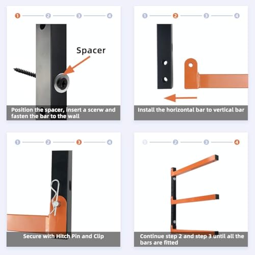 Heavy Duty Wall Mounted Lumber Storage Rack, 3-Level, 4 Pack Metal Garage Shelving System for Wood, Pipes & Skis, 300 Lbs Capacity Organizer Bracket (Black/Orange) - view 6