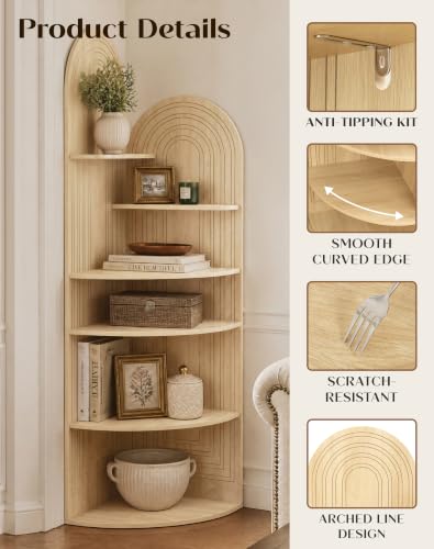 6 Tier Corner Shelf, 60.2" Arched Display Corner Bookshelf, Oak - view 3