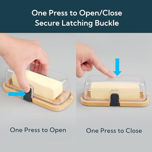 Bamboo One-handed Airtight Butter Dish with Lid for Countertop and Refrigerator Door Shelf, Butter Holder with One Press to Open/Close Latching Buckle for West/East Coast Butter - view 2
